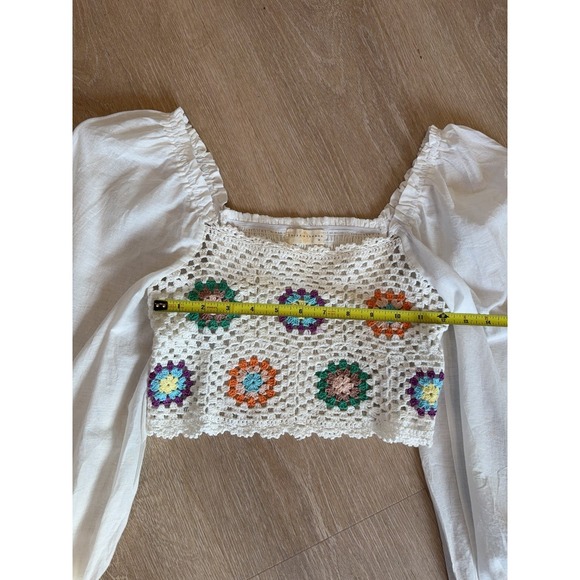 Chrysanthemum Boho Crochet Crop Top Sheer Peasant Sleeve Festival Blouse Women M - Picture 5 of 9